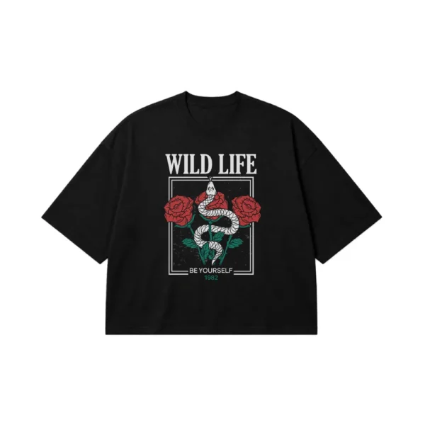 تیشرت باکسی مار طرح گل رز و مار استریت‌ویر (Wild Life) کد 7243