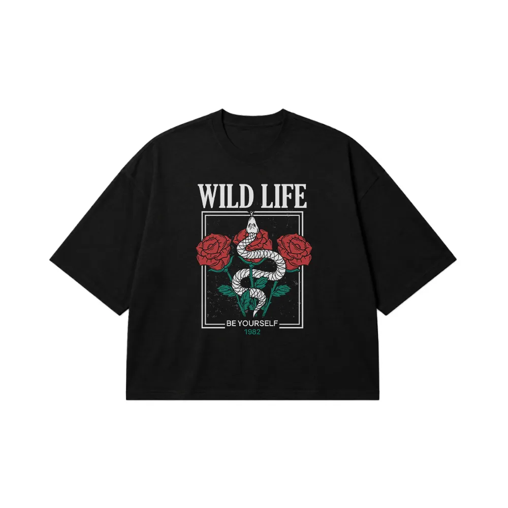 تیشرت باکسی مار طرح گل رز و مار استریت‌ویر (Wild Life) کد 7243