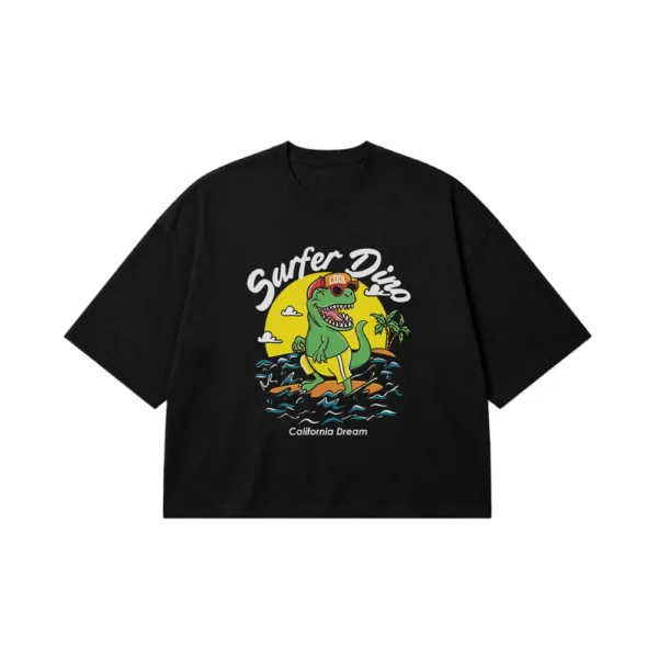 تیشرت باکسی کارتونی دایناسور طرح Surfer Dino California Dream کد 7278