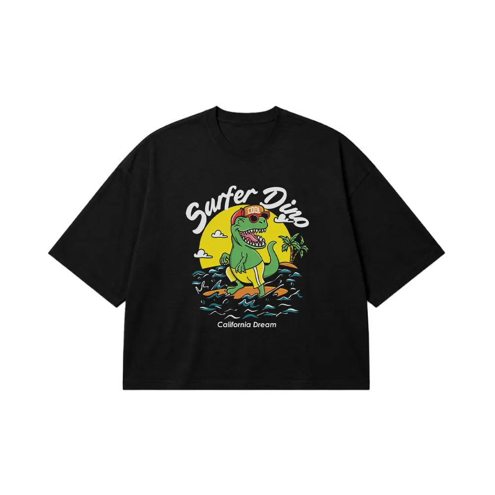 تیشرت باکسی کارتونی دایناسور طرح Surfer Dino California Dream کد 7278