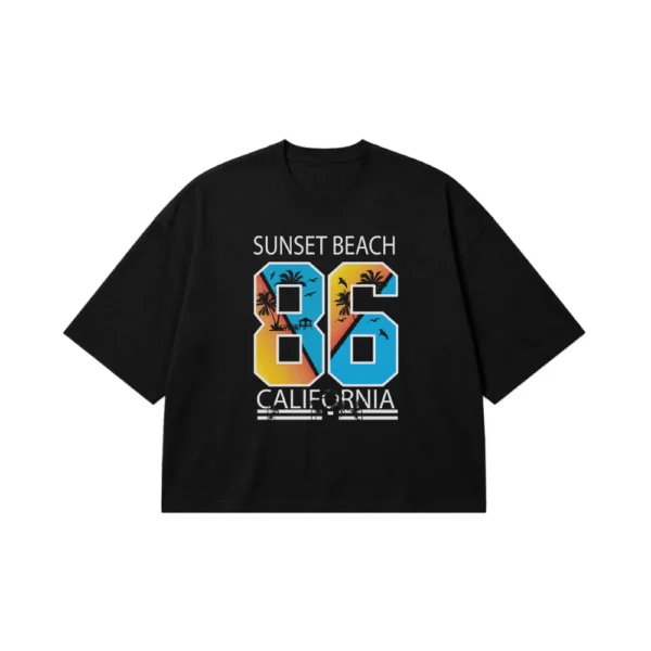 تیشرت باکسی تابستانی طرح Sunset Beach California کد 7392