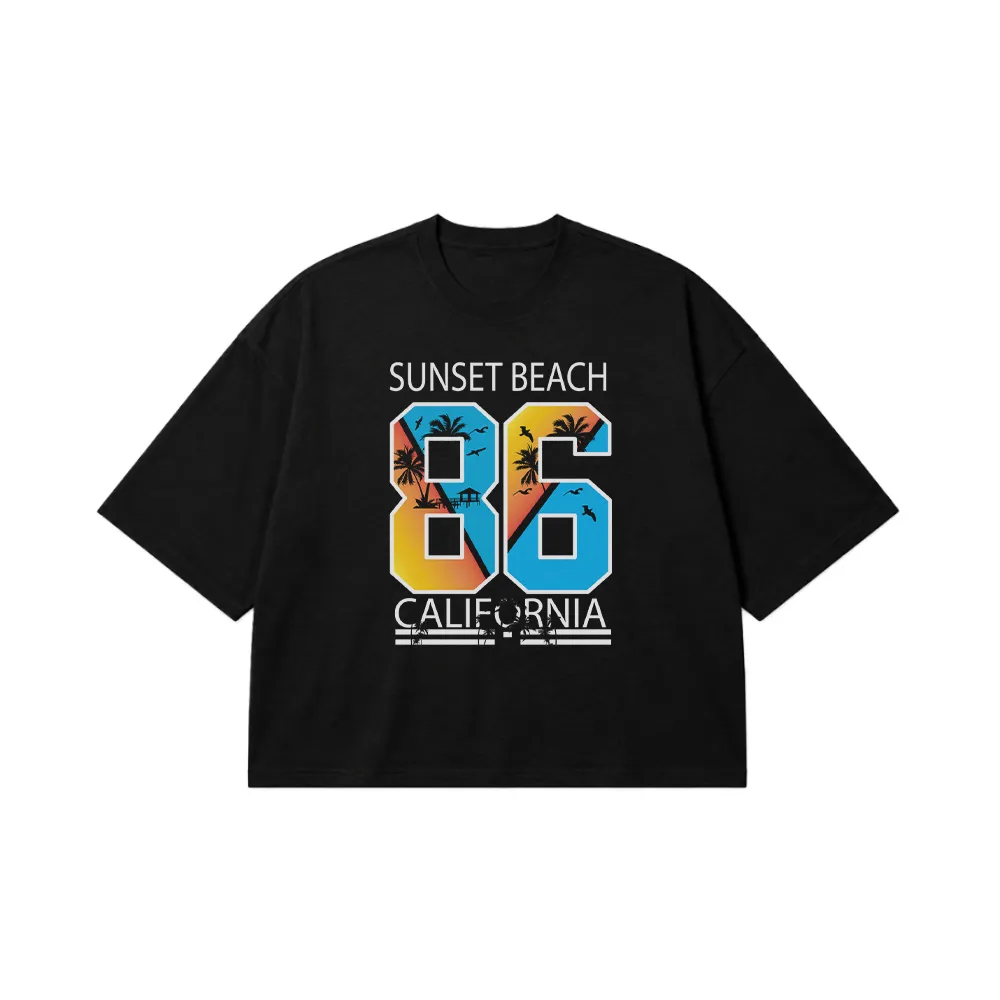 تیشرت باکسی تابستانی طرح Sunset Beach California کد 7392