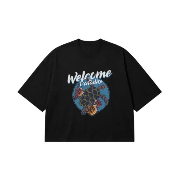 تیشرت باکسی طرح لاک پشت دریایی و گل هاوایی (Welcome to Paradise) کد 7546