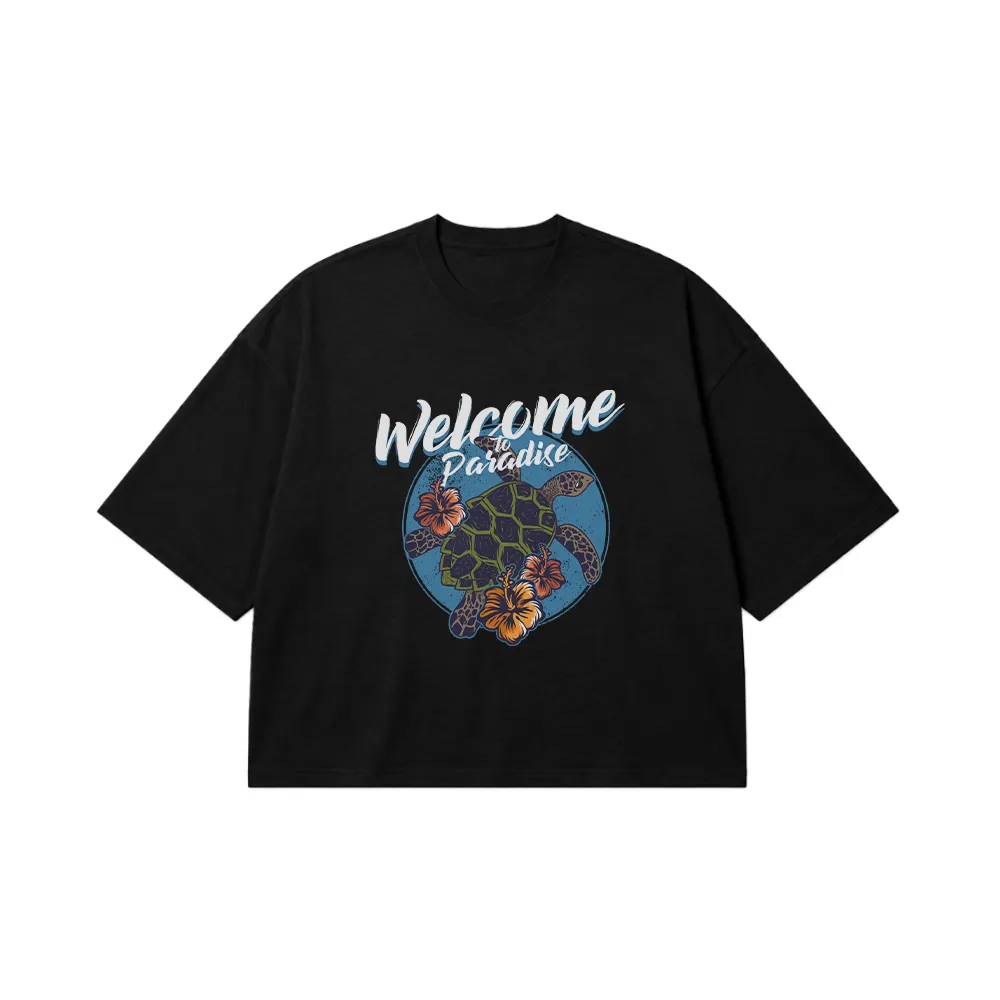 تیشرت باکسی طرح لاک پشت دریایی و گل هاوایی (Welcome to Paradise) کد 7546