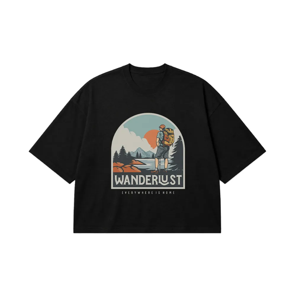 تیشرت باکسی طبیعت‌گردی طرح کوهنوردی و کمپینگ (Wanderlust) کد 9134