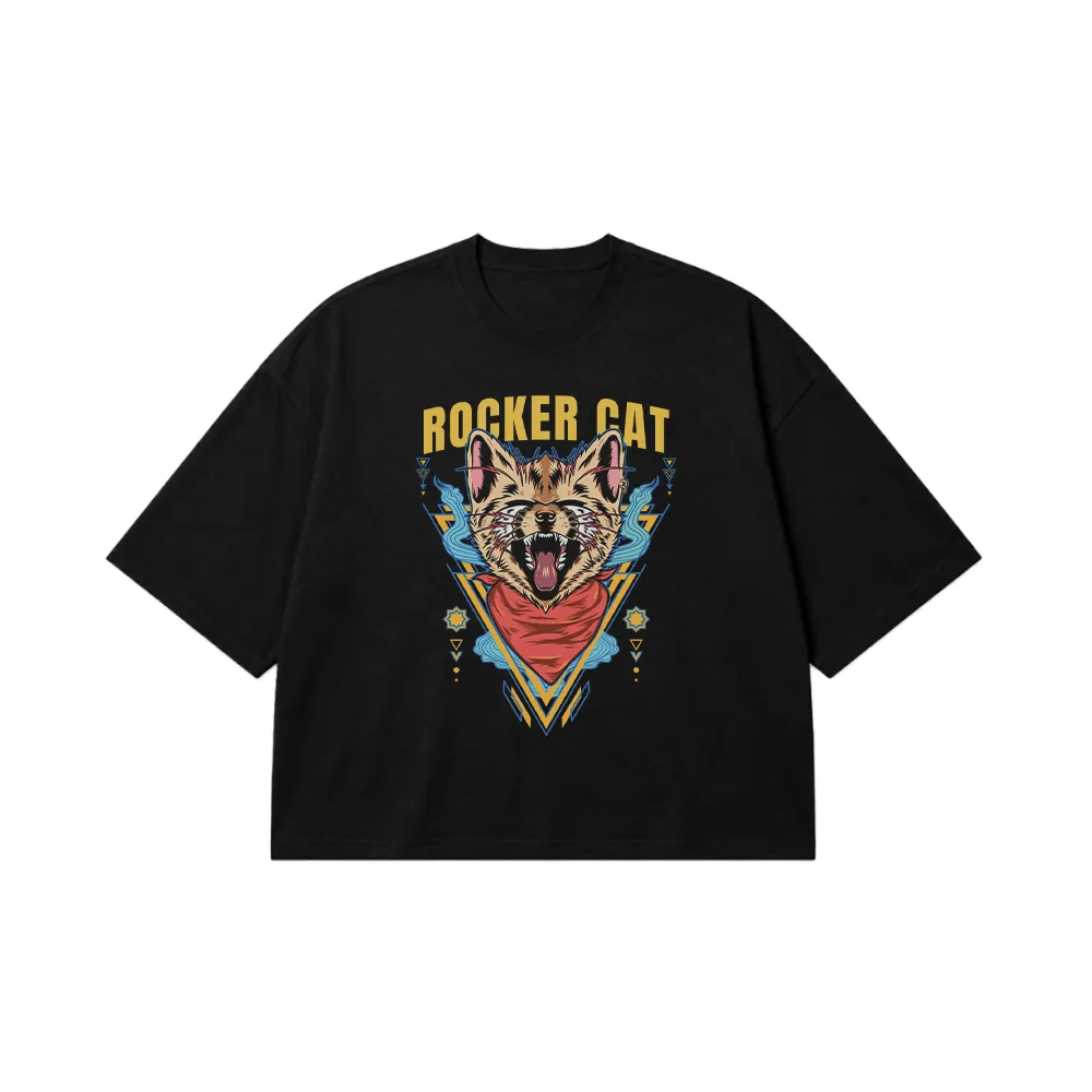 تیشرت باکسی گربه طرح Rocker Cat کد 9201