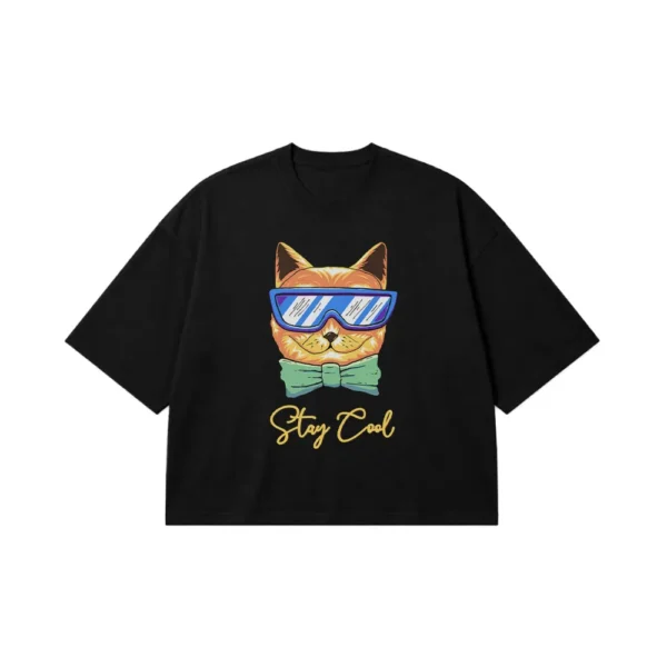 تیشرت باکسی گربه طرح پیشی با عینک آفتابی رترو مینی‌مال (Stay Cool) کد 9357