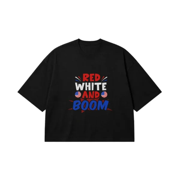 تیشرت باکسی بامزه طرح Red White And Boom کد 9655