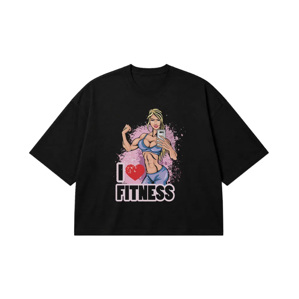 تیشرت باکسی بدنسازی دخترانه طرح I Love Fitness کد 9773