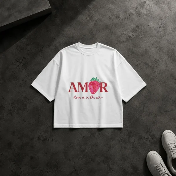 تیشرت باکسی عاشقانه طرح Amor با توت‌فرنگی کد po1459