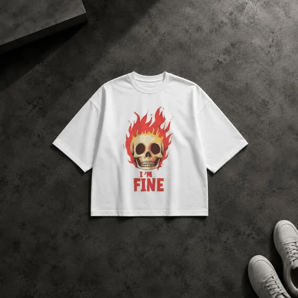 تیشرت باکسی جمجمه آتشین طرح I’m Fine کد po2818