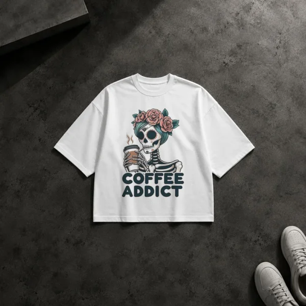 تیشرت باکسی اسکلت طرح Coffee Addict کد po2830