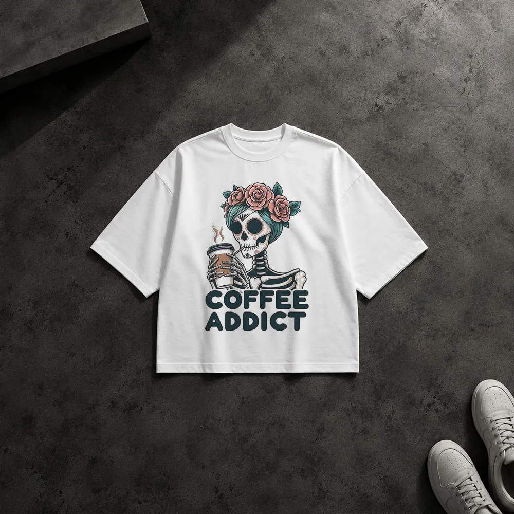 تیشرت باکسی اسکلت طرح Coffee Addict کد po2830