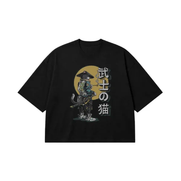 تیشرت باکسی گربه سامورایی طرح ژاپنی (Samurai Cat) کد po2846