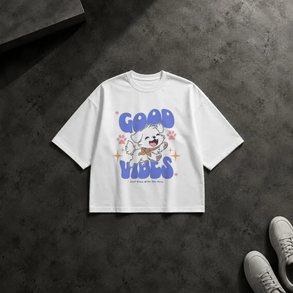 تیشرت باکسی گربه طرح Good Vibes کارتونی کد po3423