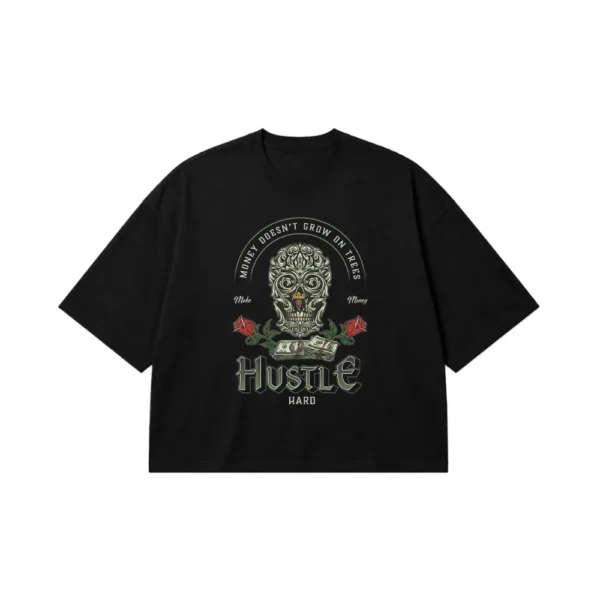 تیشرت باکسی جمجمه انگیزشی طرح Hustle Hard کد po3716