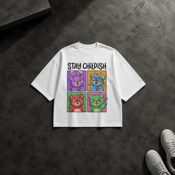 تیشرت باکسی خرس‌های رنگی طرح Stay Childish کد po3728