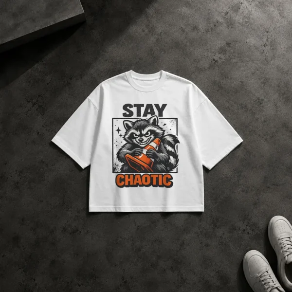 تیشرت باکسی راکون طرح Stay Chaotic کد po3807
