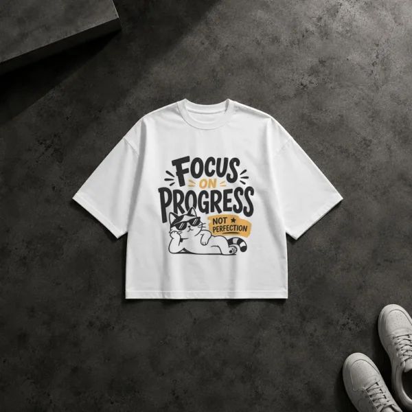 تیشرت باکسی گربه انگیزشی طرح Focus on Progress کد po3884