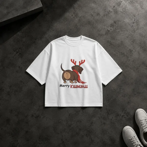تیشرت باکسی سگ طرح کریسمس بامزه (Merry Kissmyass) کد po5546