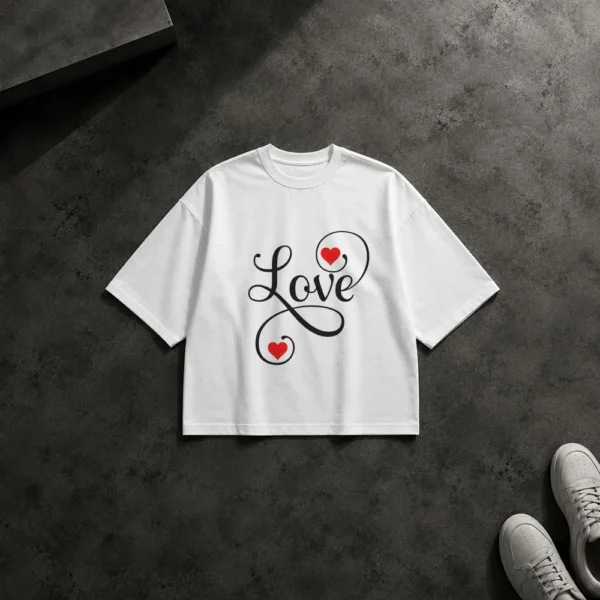 تیشرت باکسی تایپوگرافی Love با قلب‌های قرمز کد po5818