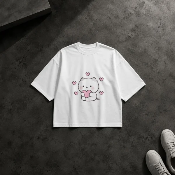 تیشرت باکسی گربه کارتونی طرح قلب صورتی کد po6112