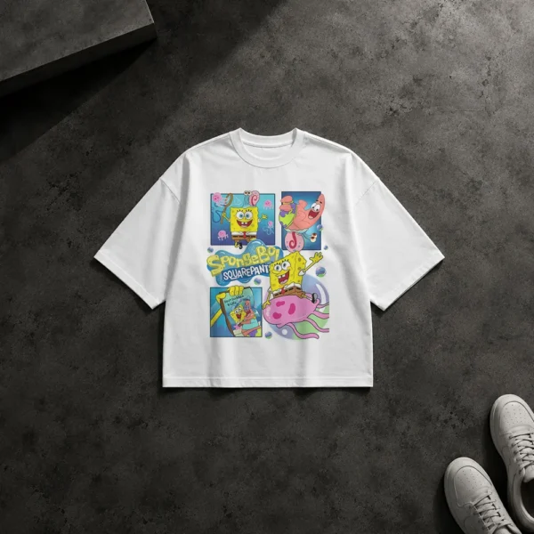 تیشرت باکسی باب اسفنجی طرح کلاژ کارتونی (SpongeBob) کد po6614