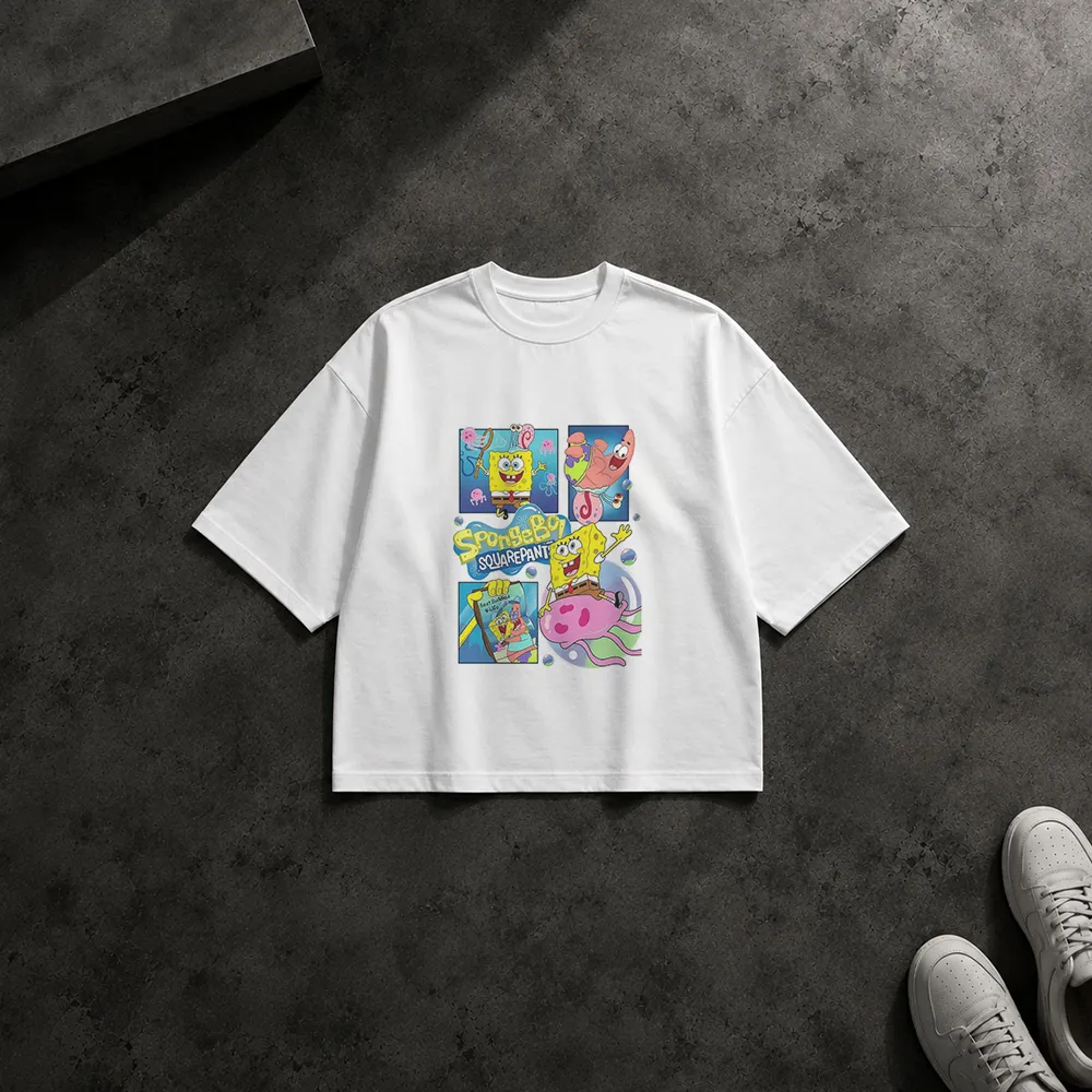 تیشرت باکسی باب اسفنجی طرح کلاژ کارتونی (SpongeBob) کد po7273