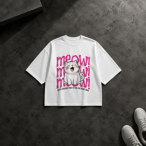 تیشرت باکسی گربه بامزه طرح Meow و تایپوگرافی صورتی کد po769