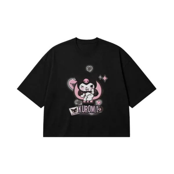 تیشرت باکسی کورومی طرح قلب و پاپیون (Kuromi) کد po8038