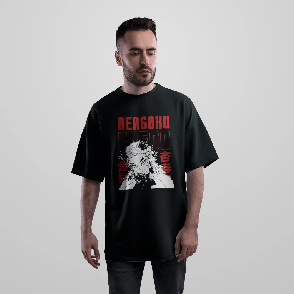 تیشرت اورسایز انیمه دمون اسلیر طرح رنگوکو (Rengoku Fuego - Demon Slayer) کد 18212