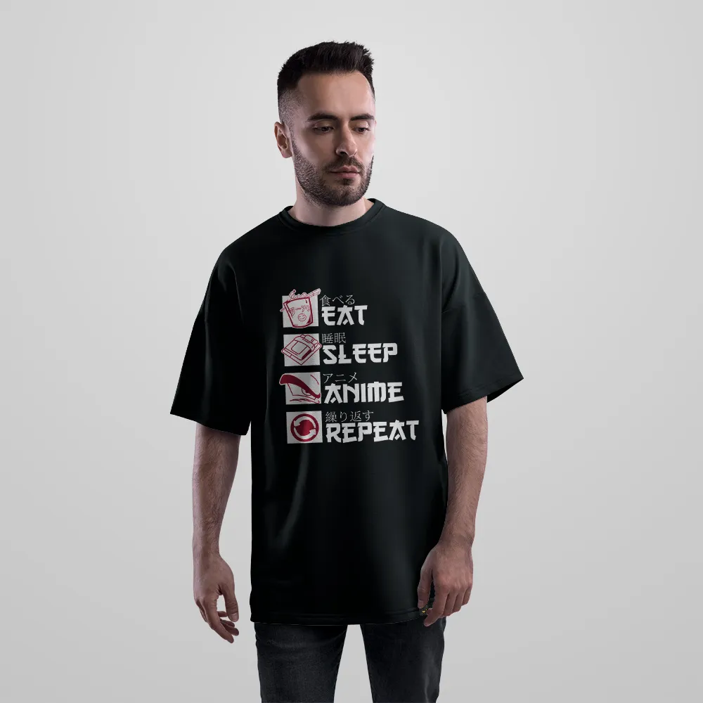 تیشرت اورسایز انیمه نوشته Eat Sleep Anime Repeat کد 18358