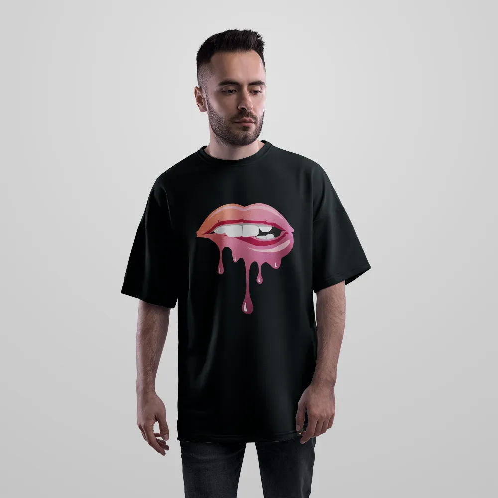 تیشرت اورسایز لب طرح صورتی چکه‌دار (Dripping Lips) کد 20934