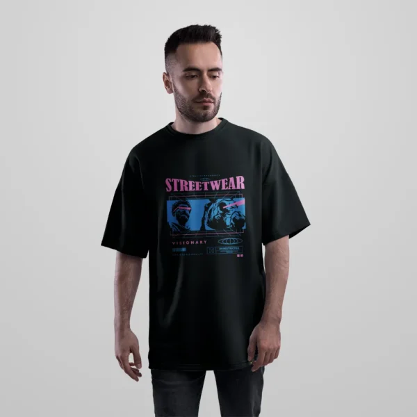 تیشرت اورسایز گل‌های آبی و نوشته Streetwear Visionary کد 711