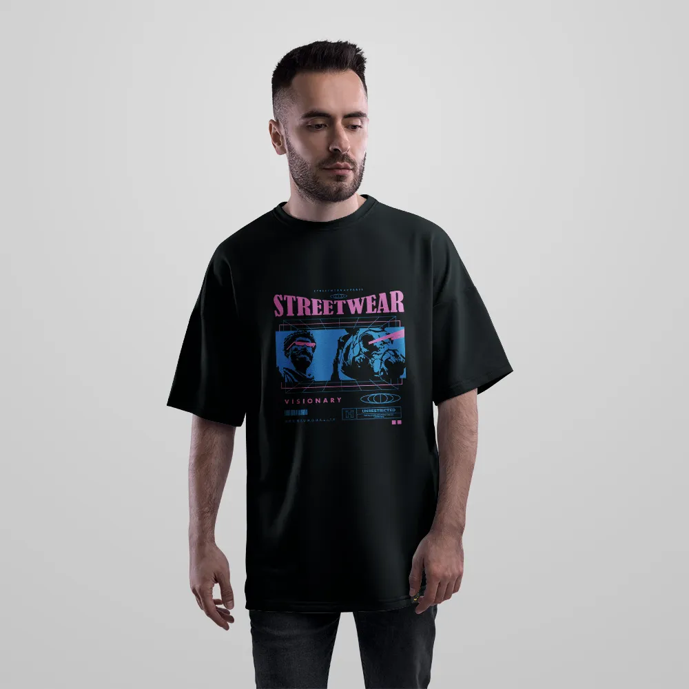 تیشرت اورسایز گل‌های آبی و نوشته Streetwear Visionary کد 711