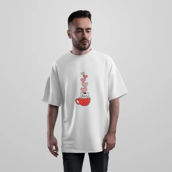 تیشرت اورسایز گربه کارتونی طرح فنجان قلبی کد po6034