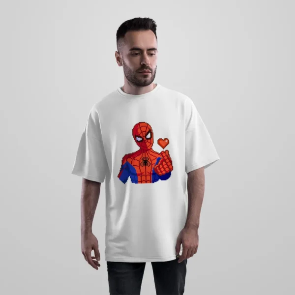 تیشرت اورسایز مرد عنکبوتی پیکسلی طرح قلب (Spider-Man) کد po6613