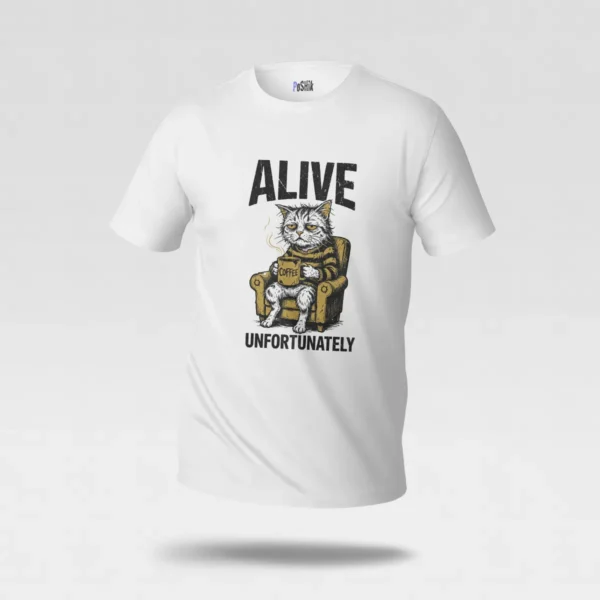 تیشرت گربه خسته با قهوه طرح Alive Unfortunately کد po757