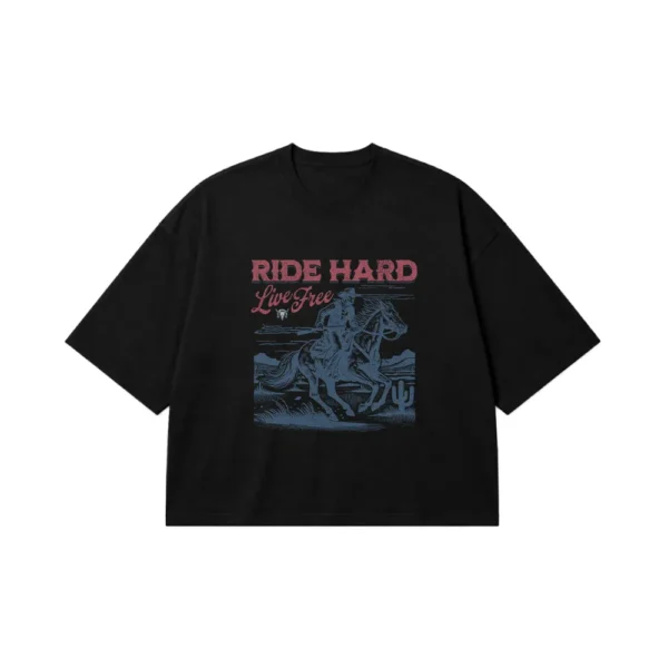 تیشرت باکسی وسترن طرح Ride Hard Live Free کد 26717