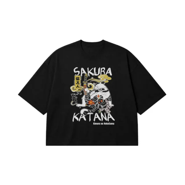 تیشرت باکسی گربه سامورایی طرح Sakura Katana کد 27060