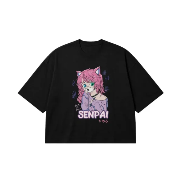 تیشرت باکسی انیمه دخترانه طرح گربه‌ای Senpai کد 27222