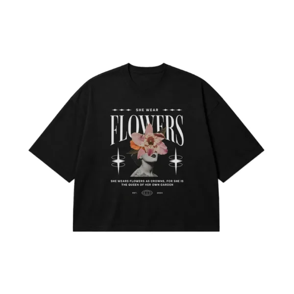 تیشرت باکسی طرح She Wears Flowers کد 27380