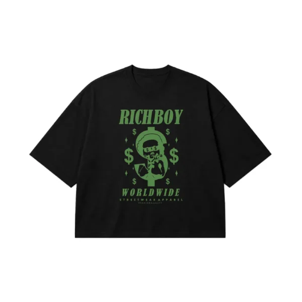 تیشرت باکسی پول و جمجمه طرح Richboy سبز کد 28617