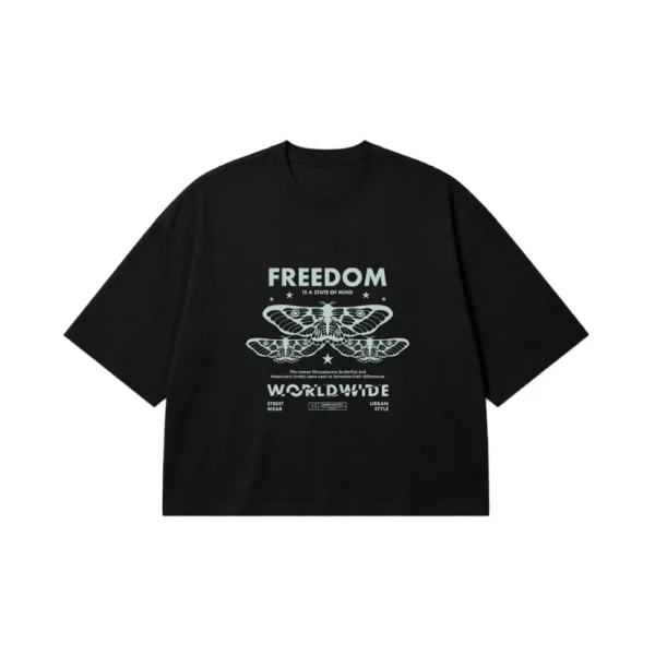 تیشرت باکسی پروانه طرح Freedom Is A State Of Mind کد 28890