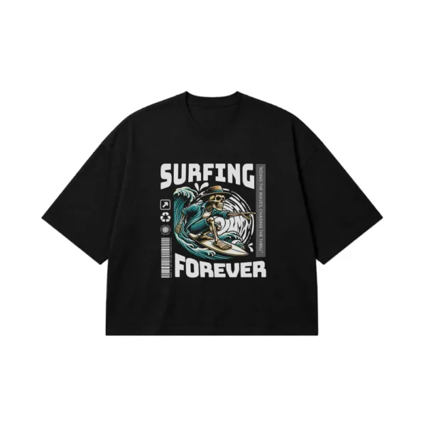 تیشرت باکسی تابستانی اسکلت موج‌سوار طرح Surfing Forever کد 29100