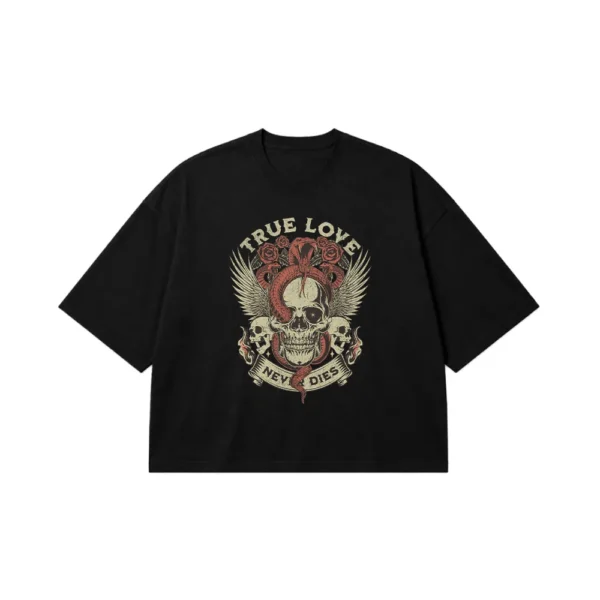 تیشرت باکسی جمجمه و رز طرح True Love Never Dies کد 29777
