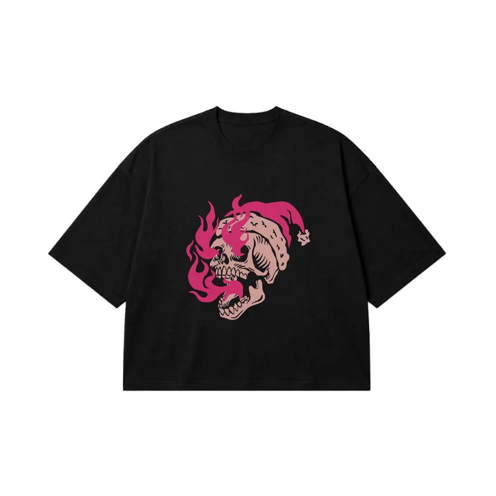 تیشرت باکسی جمجمه طرح شعله صورتی (Flaming Skull) کد 29905