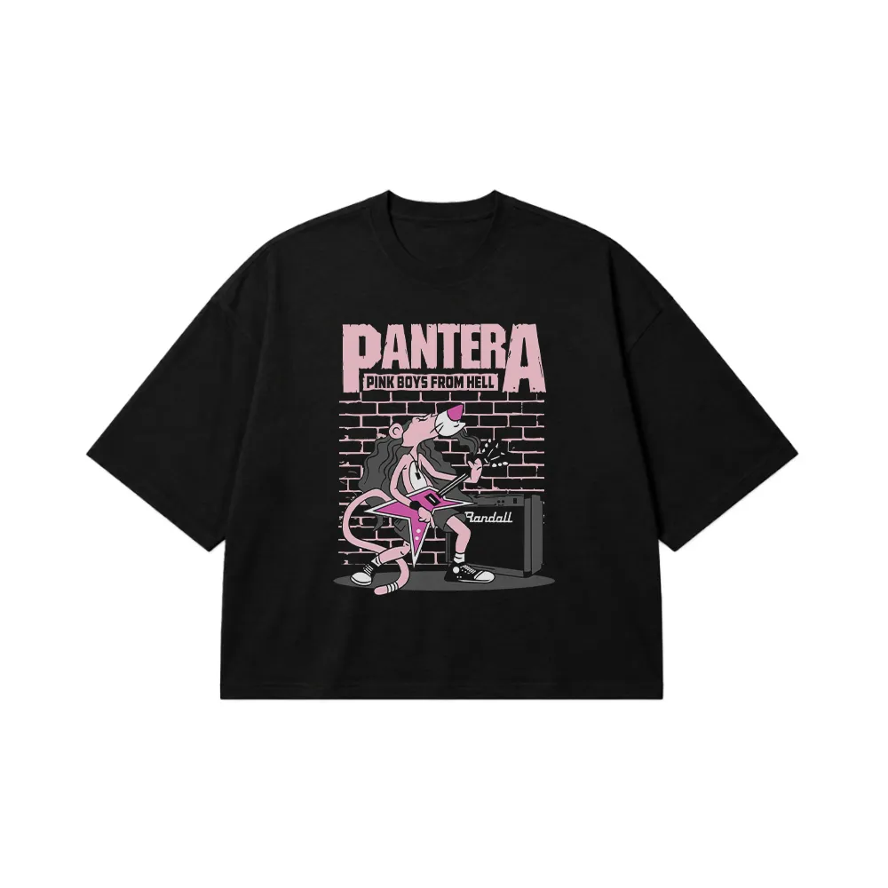تیشرت باکسی پلنگ صورتی طرح گیتاریست راک (Pink Panther) کد 30789