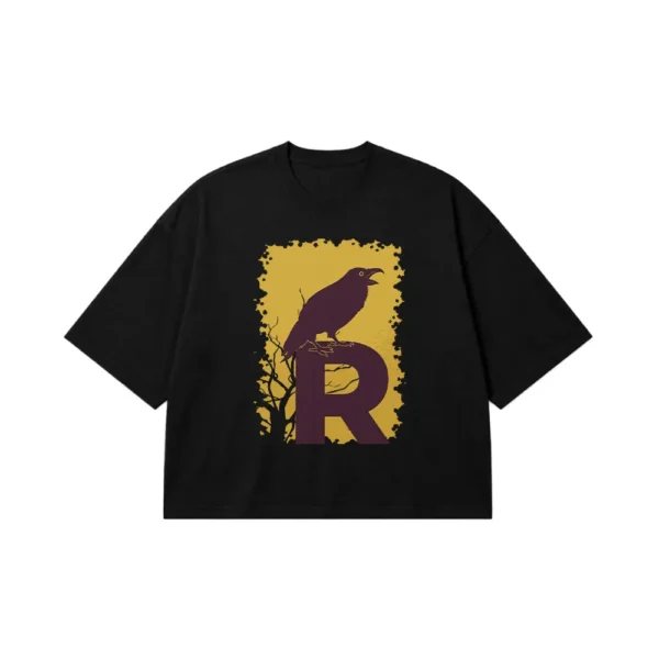تیشرت باکسی طرح کلاغ و حرف R گوتیک (Crow & Letter R) کد 30879