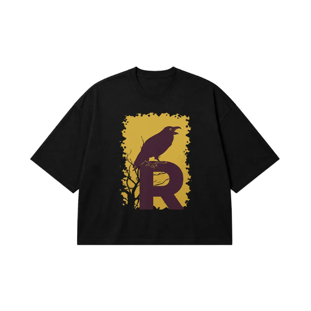تیشرت باکسی طرح کلاغ و حرف R گوتیک (Crow & Letter R) کد 30879